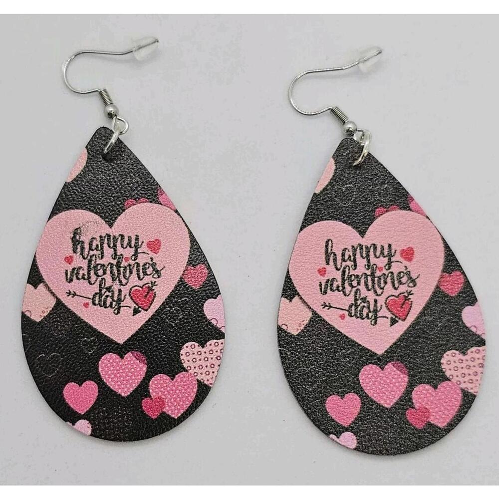 Valentine Happy Valentine’s Day Heart Faux Leather Teardrop‎ Dangle Earring
